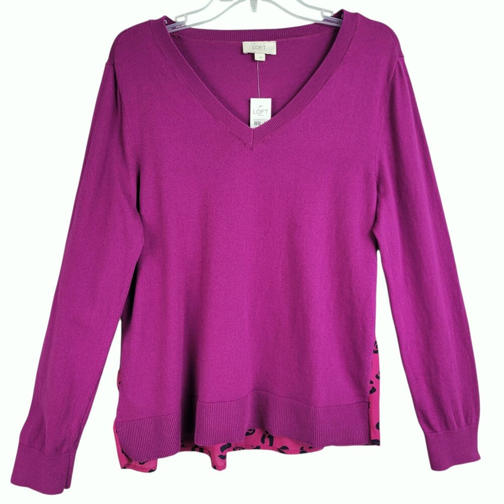 Ann Taylor Loft Sweater Womens L Fuchsia Purple Leopard Print Preppy Animal Chic